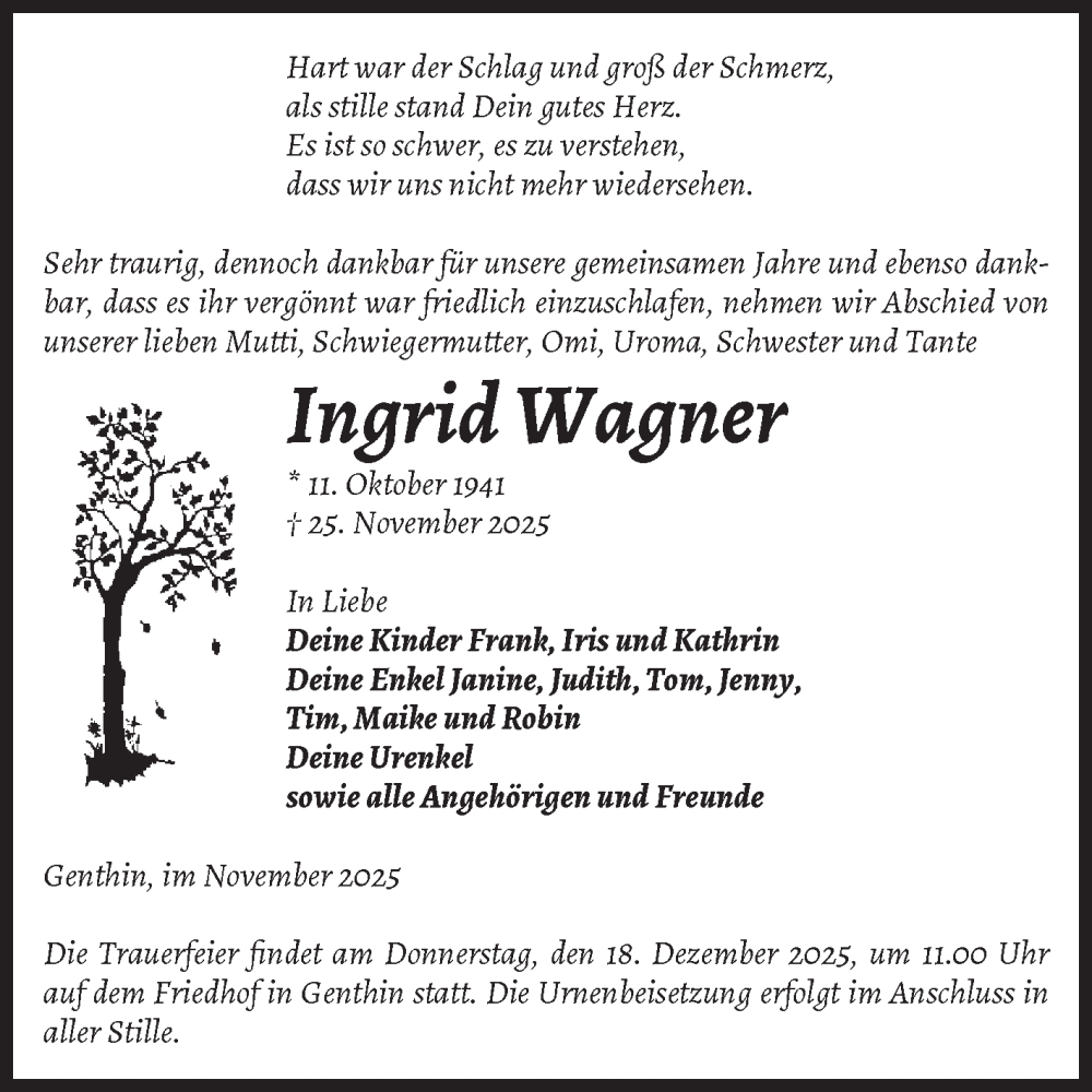  Traueranzeige für Ingrid Wagner vom 06.12.2025 aus Volksstimme Burg/Genthin
