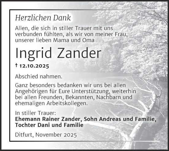 Traueranzeige von Ingrid Zander von Trauerkombi Quedlinburg