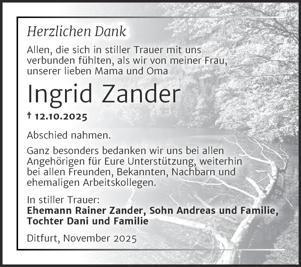  Traueranzeige für Ingrid Zander vom 06.12.2025 aus Trauerkombi Quedlinburg