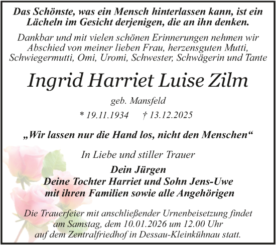 Traueranzeige von Ingrid Harriet Luise Zilm von Trauerkombi Dessau
