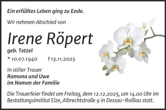 Traueranzeige von Irene Röpert von Trauerkombi Dessau