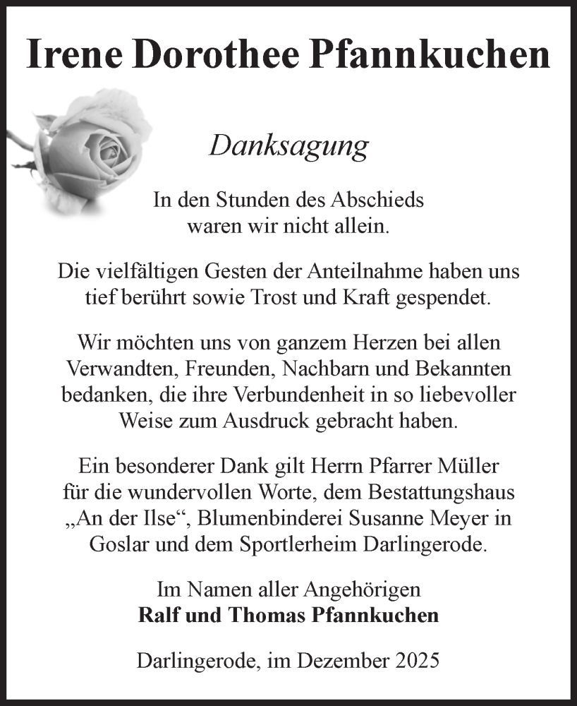  Traueranzeige für Irene Dorothee Pfannkuchen vom 13.12.2025 aus Volksstimme Wernigerode