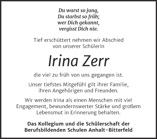 Traueranzeige von Irina Zerr von Super Sonntag Köthen