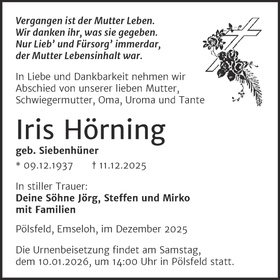 Traueranzeige von Iris Hörning von Trauerkombi Sangerhausen
