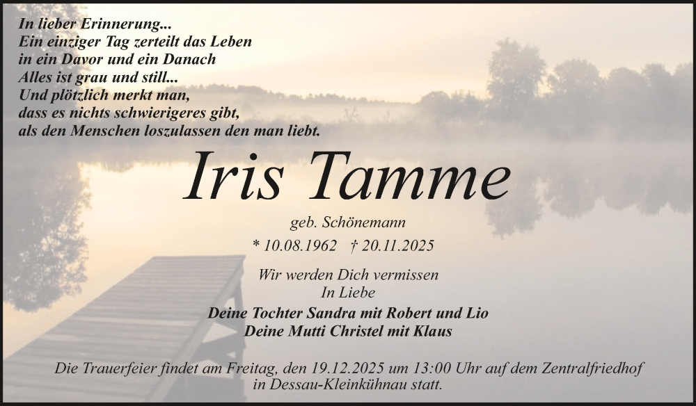  Traueranzeige für Iris Tamme vom 06.12.2025 aus Trauerkombi Dessau