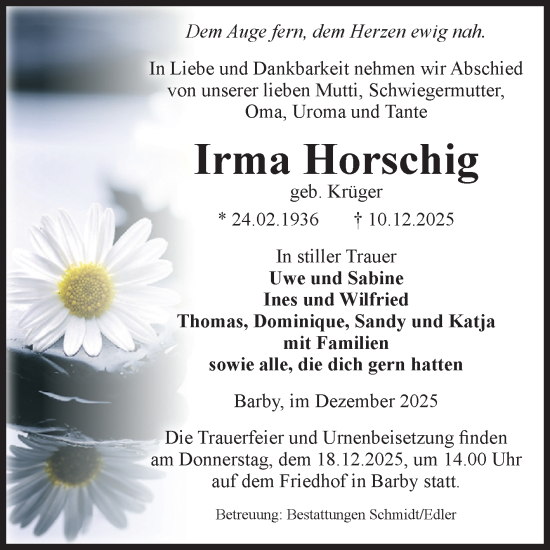 Traueranzeige von Irma Horschig von Volksstimme Schönebeck