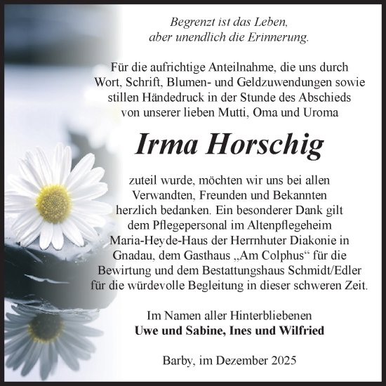 Traueranzeige von Irma Horschig von Volksstimme Schönebeck