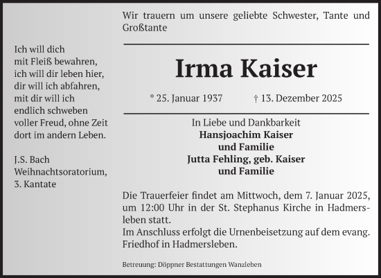 Traueranzeige von Irma Kaiser von Volksstimme Oschersleben/Wanzleben