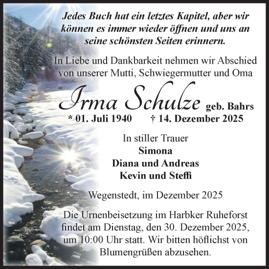 Traueranzeige von Irma Schulze von Volksstimme Haldensleben/Wolmirstedt