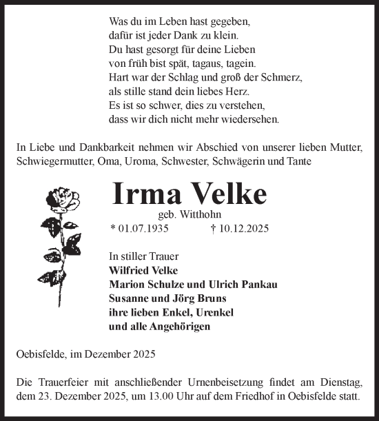 Traueranzeige von Irma Velke von Volksstimme Altmark West