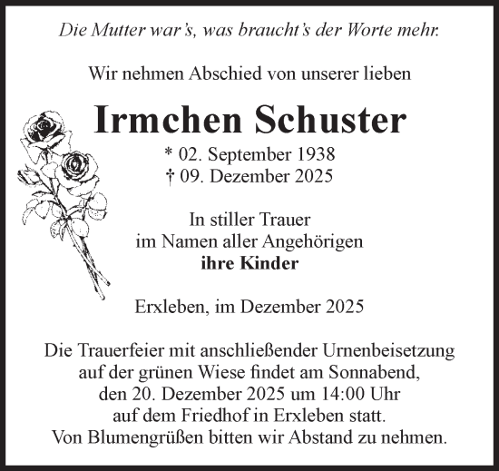 Traueranzeige von Irmchen Schuster von Volksstimme Haldensleben/Wolmirstedt