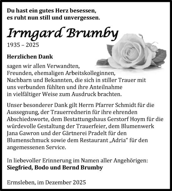Traueranzeige von Irmgard Brumby von Trauerkombi Quedlinburg