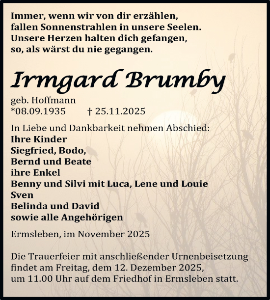 Traueranzeige von Irmgard Brumby von Trauerkombi Quedlinburg