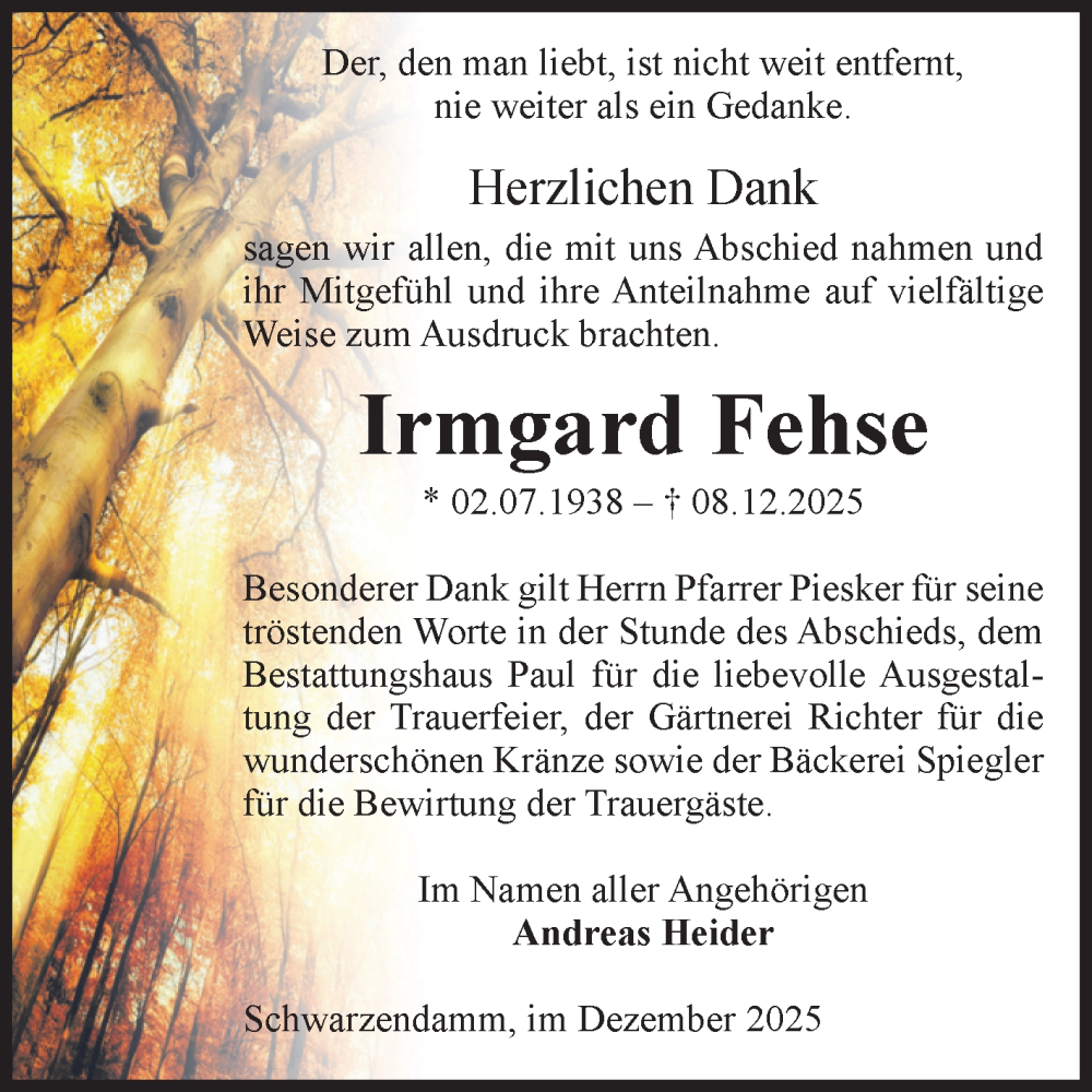  Traueranzeige für Irmgard Fehse vom 30.12.2025 aus Volksstimme Altmark West