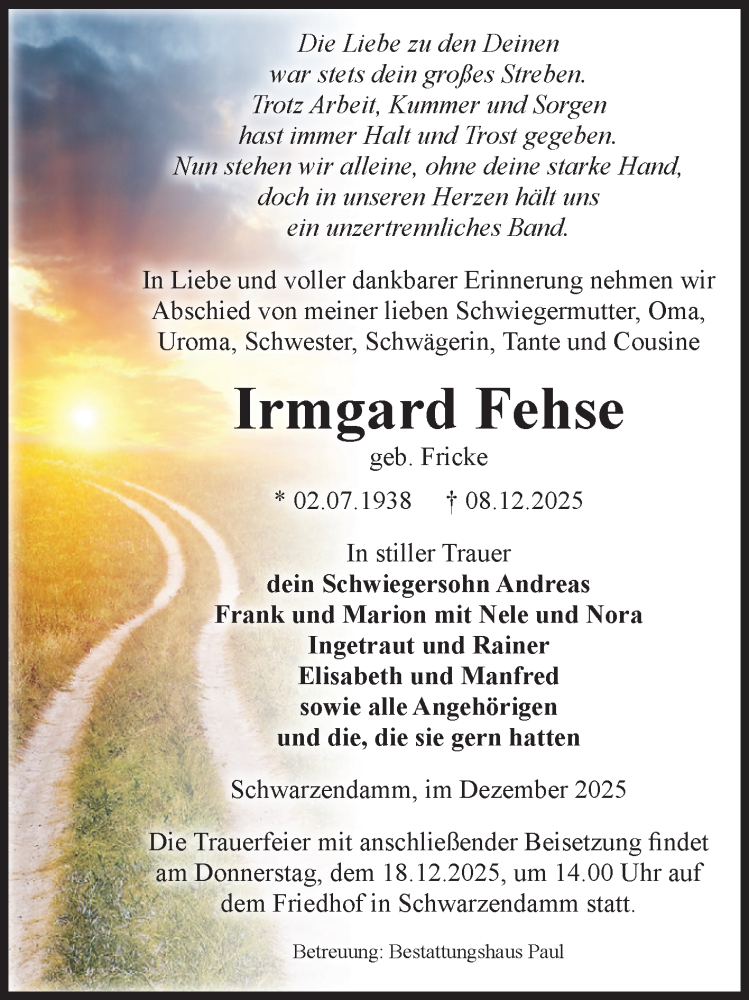  Traueranzeige für Irmgard Fehse vom 11.12.2025 aus Volksstimme Altmark West