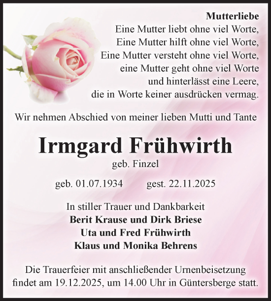 Traueranzeige von Irmgard Frühwirth von Trauerkombi Quedlinburg