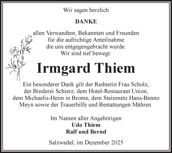 Traueranzeige von Irmgard Thiem von Volksstimme Altmark West