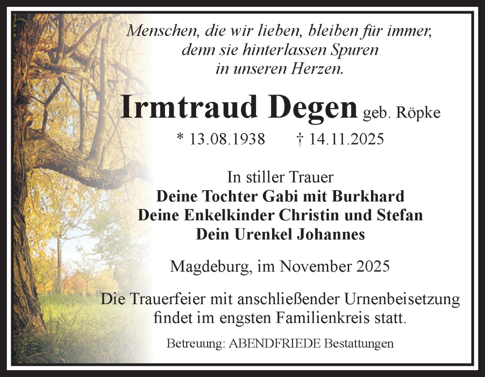  Traueranzeige für Irmtraud Degen vom 29.11.2025 aus Volksstimme Magdeburg