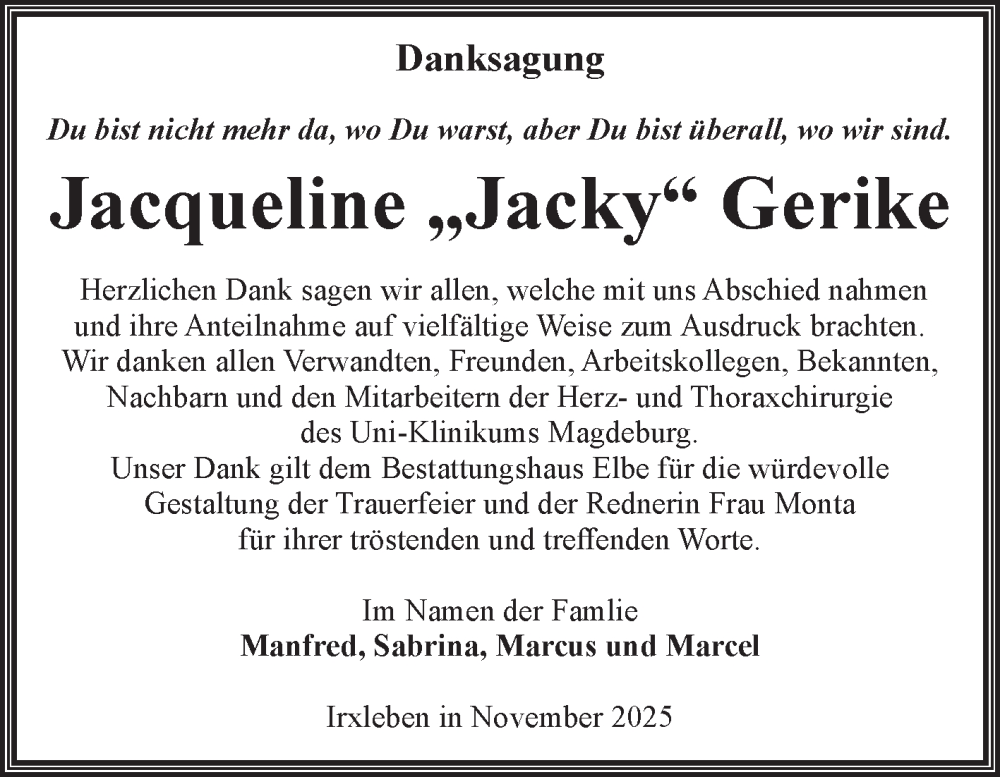  Traueranzeige für Jacqueline Gerike vom 29.11.2025 aus Volksstimme Magdeburg