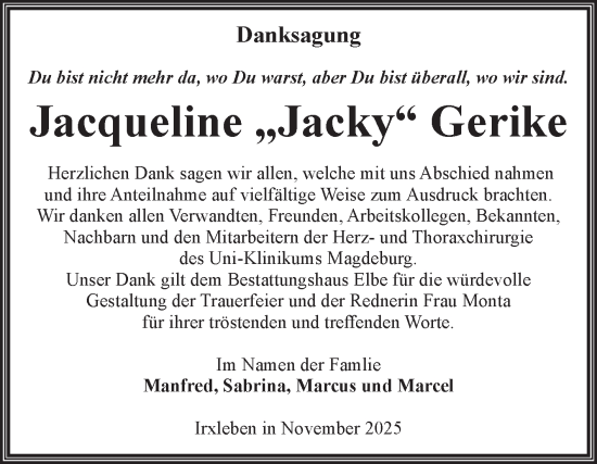 Traueranzeige von Jacqueline Gerike von Volksstimme Magdeburg