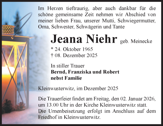 Traueranzeige von Jeana Niehr von Volksstimme Burg/Genthin