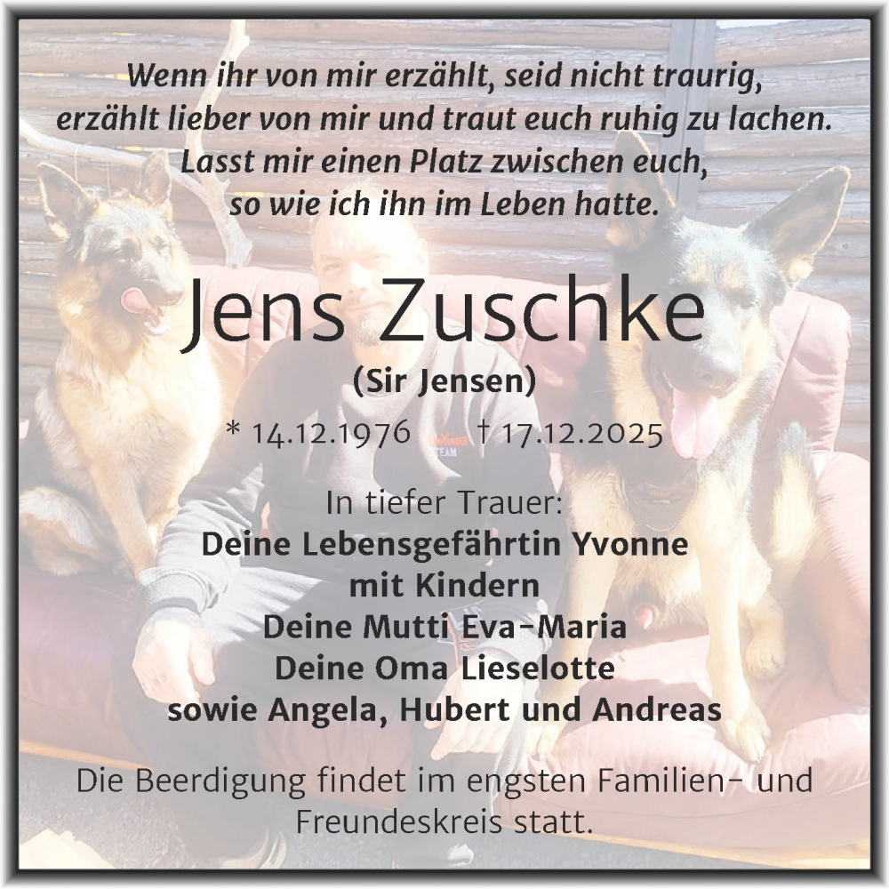  Traueranzeige für Jens Zuschke vom 27.12.2025 aus Mitteldeutsche Zeitung Mansfelder Land