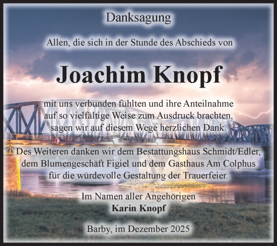 Traueranzeige von Joachim Knopf von Volksstimme Schönebeck