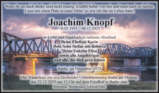 Traueranzeige von Joachim Knopf von Volksstimme Schönebeck