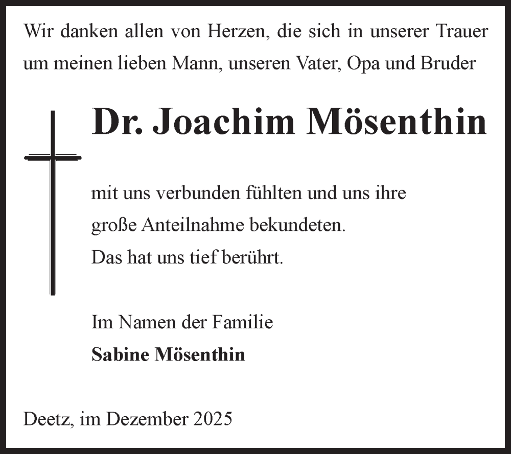  Traueranzeige für Joachim Mösenthin vom 13.12.2025 aus Volksstimme Zerbst