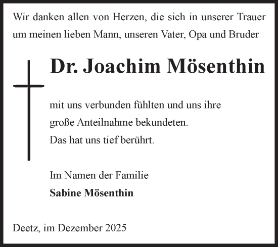 Traueranzeige von Joachim Mösenthin von Volksstimme Zerbst