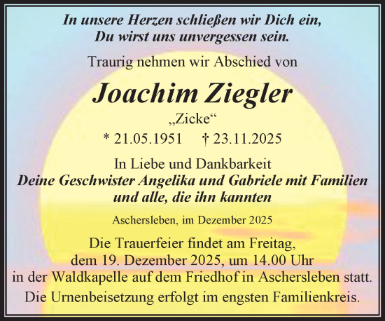 Traueranzeige von Joachim Ziegler von Trauerkombi Aschersleben