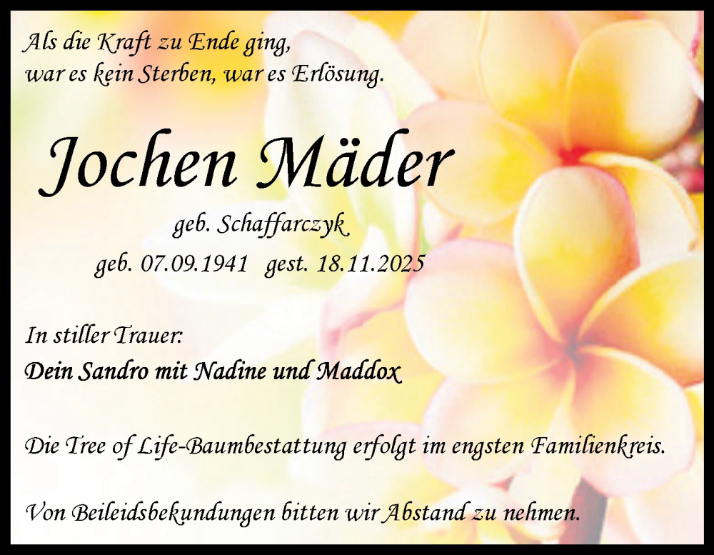  Traueranzeige für Jochen Mäder vom 29.11.2025 aus Trauerkombi Quedlinburg