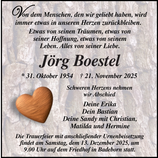 Traueranzeige von Jörg Boestel von Trauerkombi Quedlinburg