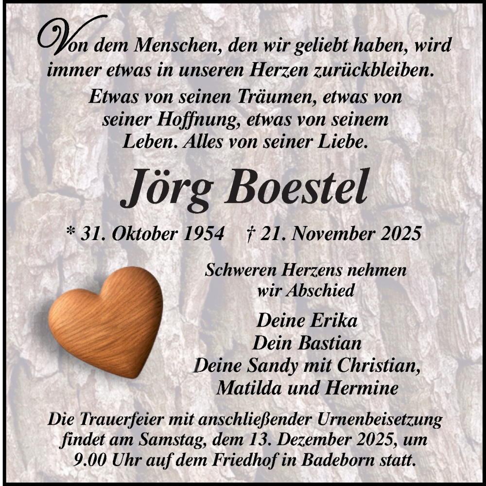  Traueranzeige für Jörg Boestel vom 06.12.2025 aus Trauerkombi Quedlinburg