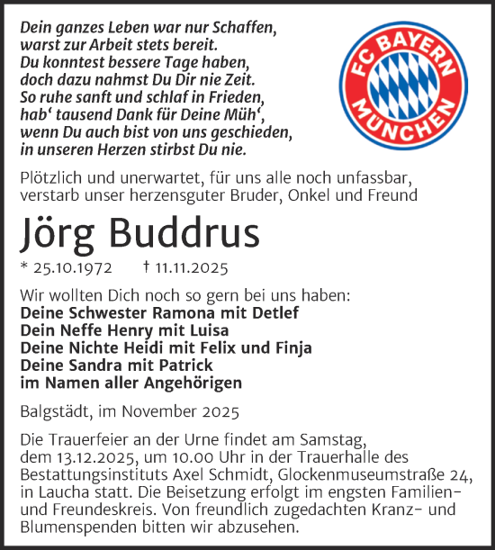 Traueranzeige von Jörg Buddrus von Super Sonntag Naumburg/Nebra