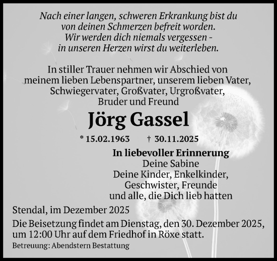 Traueranzeige von Jörg Gassel von Volksstimme Altmark Ost