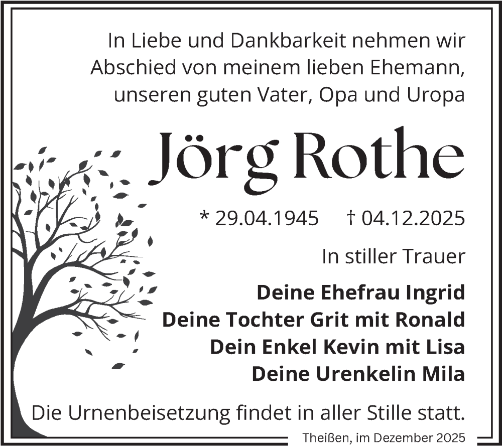  Traueranzeige für Jörg Rothe vom 13.12.2025 aus Trauerkombi Zeitz