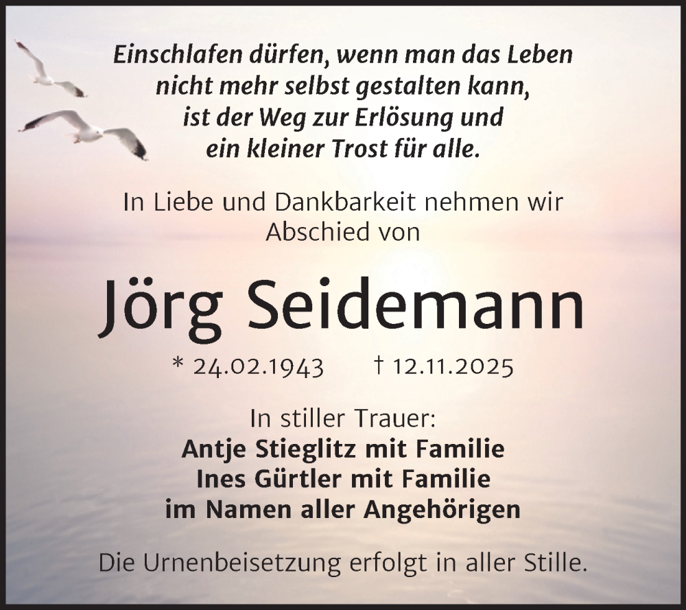  Traueranzeige für Jörg Seidemann vom 29.11.2025 aus Trauerkombi Dessau
