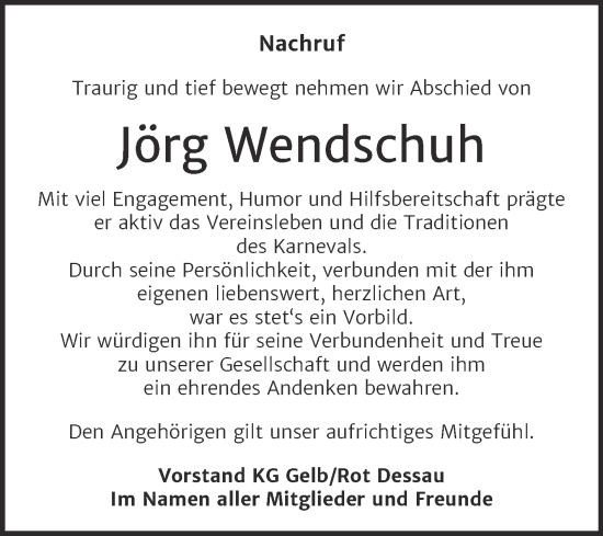 Traueranzeige von Jörg Wendschuh von Super Sonntag Dessau-Roßlau