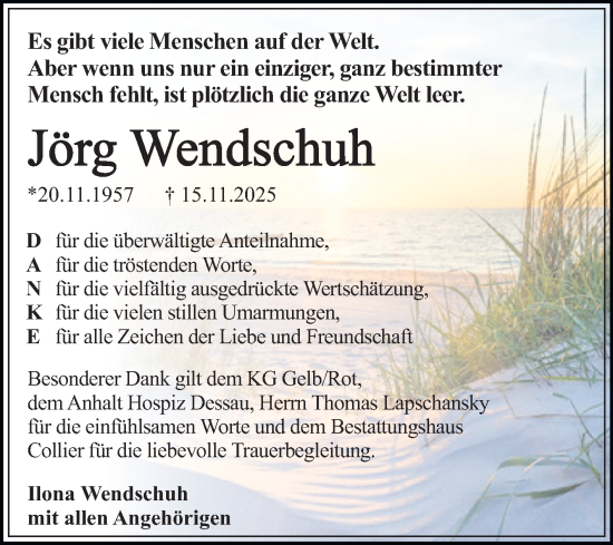 Traueranzeige von Jörg Wendschuh von Trauerkombi Dessau