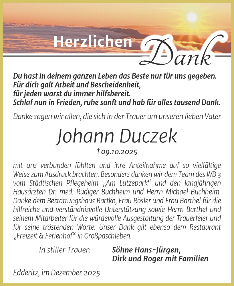 Traueranzeige für Johann Duczek vom 06.12.2025 aus Trauerkombi Köthen