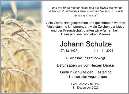 Traueranzeige von Johann Schulze von Volksstimme Magdeburg