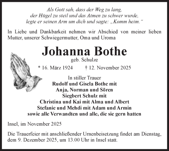Traueranzeige von Johanna Bothe von Volksstimme Altmark Ost