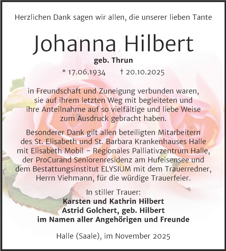  Traueranzeige für Johanna Hilbert vom 29.11.2025 aus Mitteldeutsche Zeitung Halle/Saalkreis