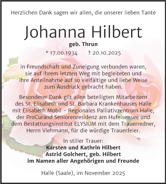 Traueranzeige von Johanna Hilbert von Mitteldeutsche Zeitung Halle/Saalkreis