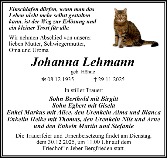 Traueranzeige von Johanna Lehmann von Trauerkombi Wittenberg