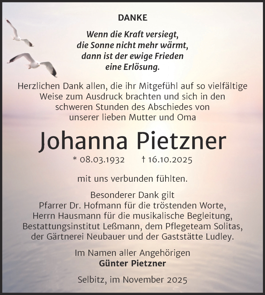  Traueranzeige für Johanna Pietzner vom 06.12.2025 aus Trauerkombi Wittenberg