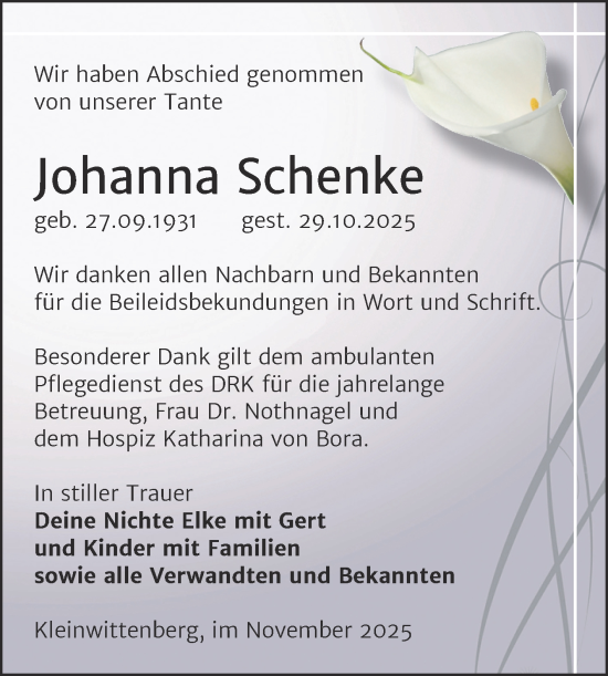 Traueranzeige von Johanna Schenke von Trauerkombi Wittenberg
