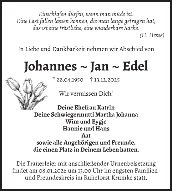 Traueranzeige von Johannes Edel von Volksstimme Altmark Ost