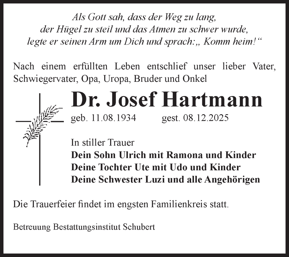  Traueranzeige für Josef Hartmann vom 13.12.2025 aus Volksstimme Magdeburg